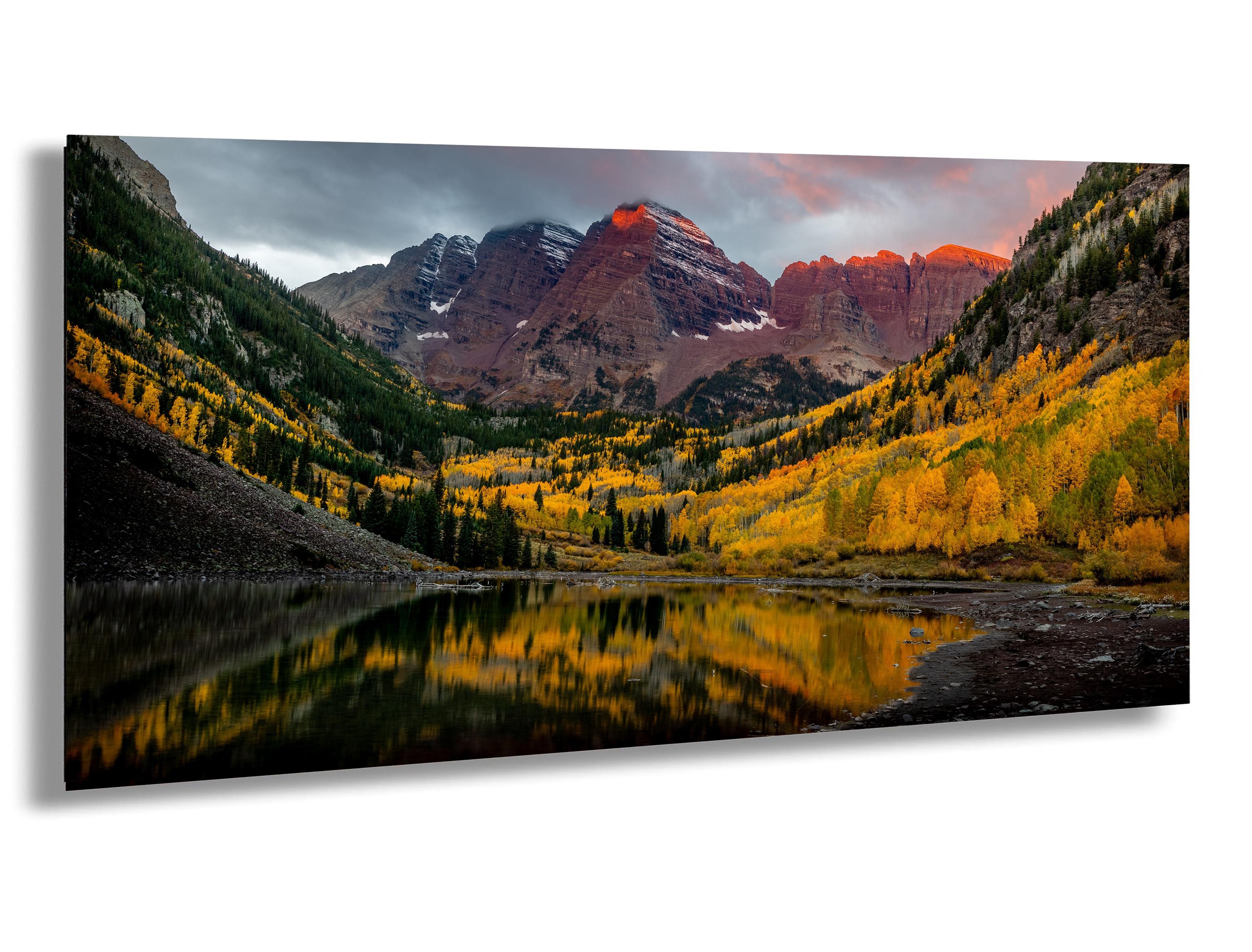 Maroon Bells Fall Sunrise – Aspen Colorado Landscape Photography Print – Golden Aspen Reflections and Mountain Wall Art for Rustic Décor