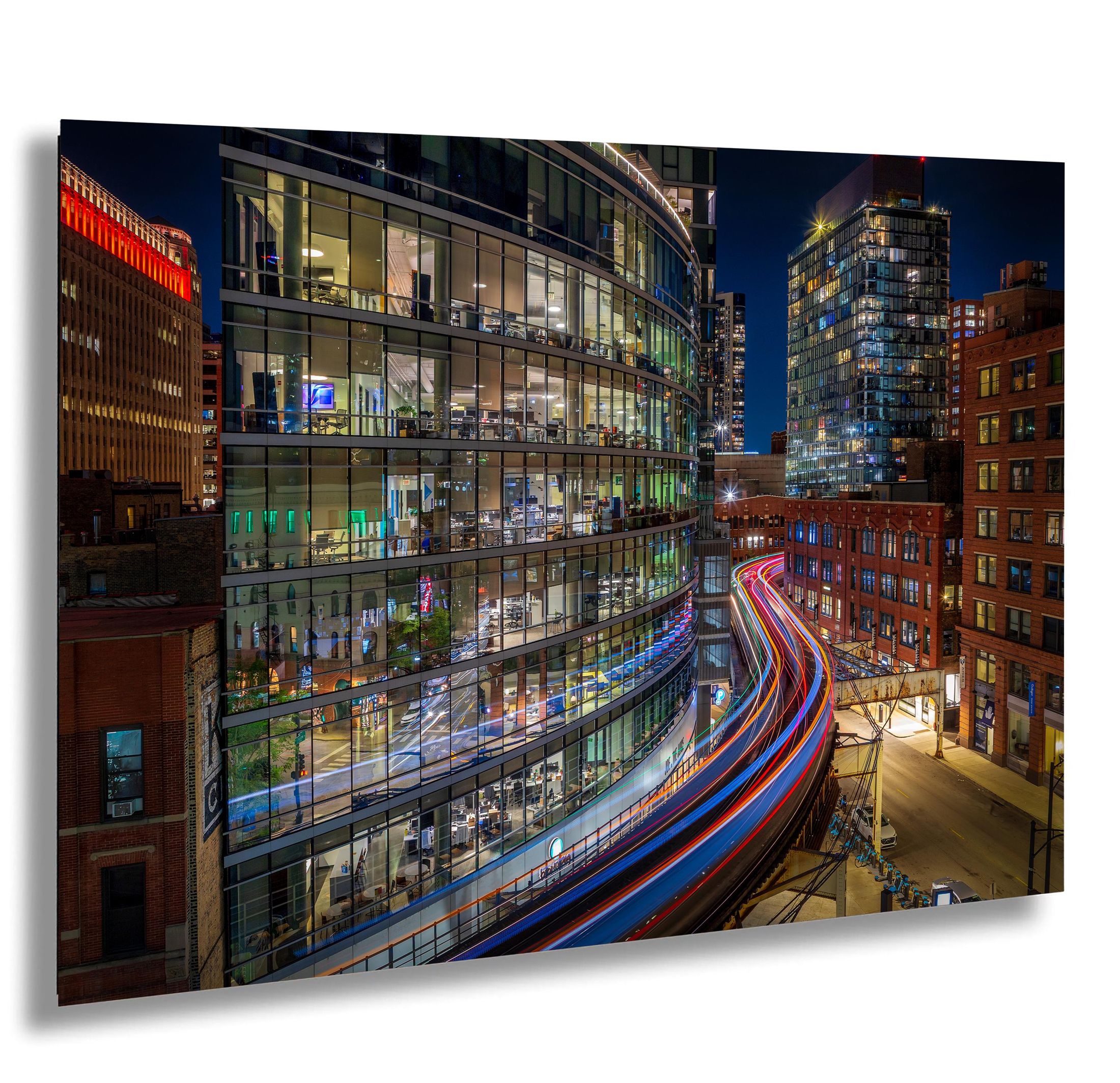 Chicago L Train Blue Hour Photography – River North Urban Night Print