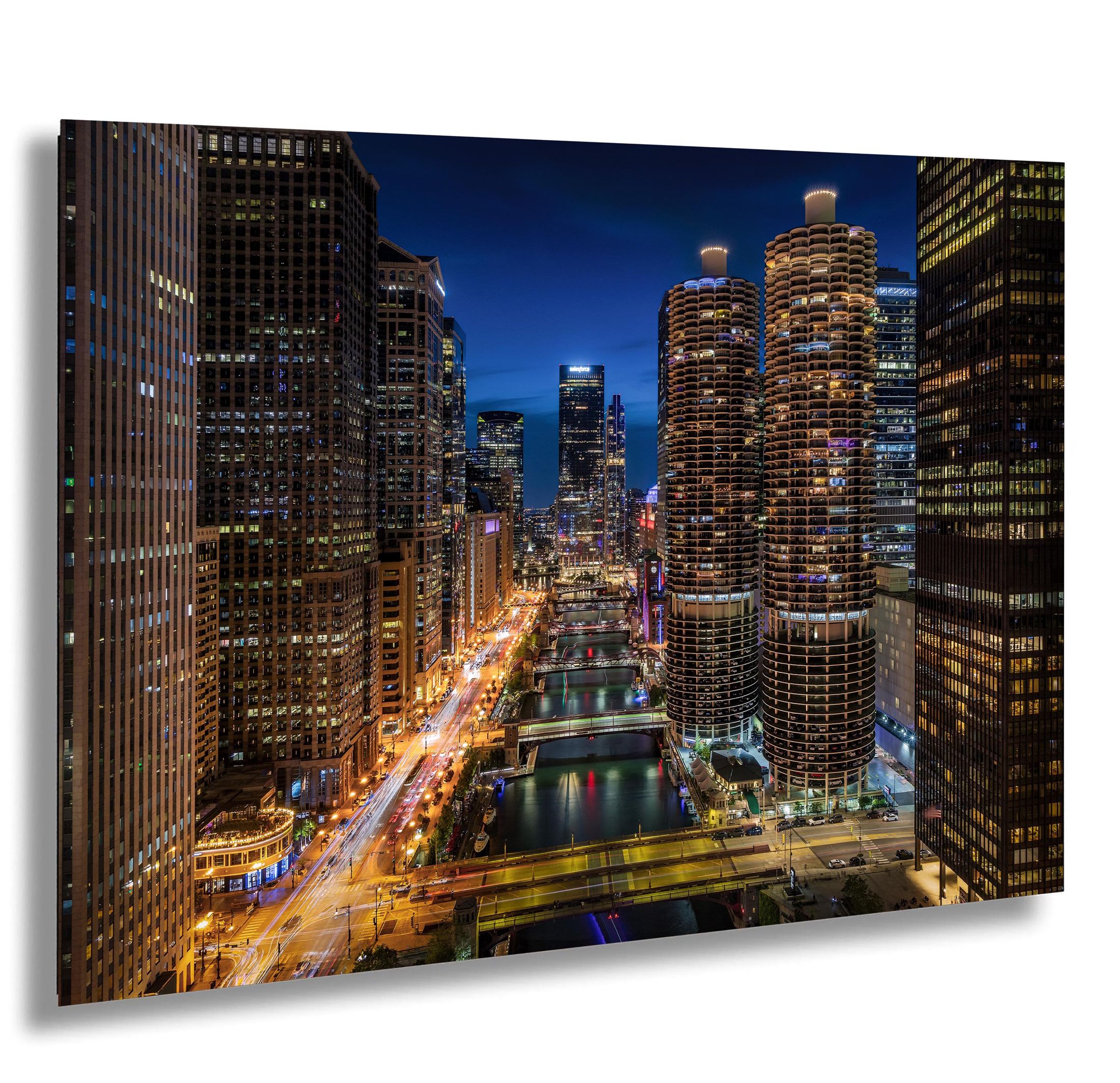 Chicago River Downtown Skyline Night Photography Print, Blue Hour Architecture Art