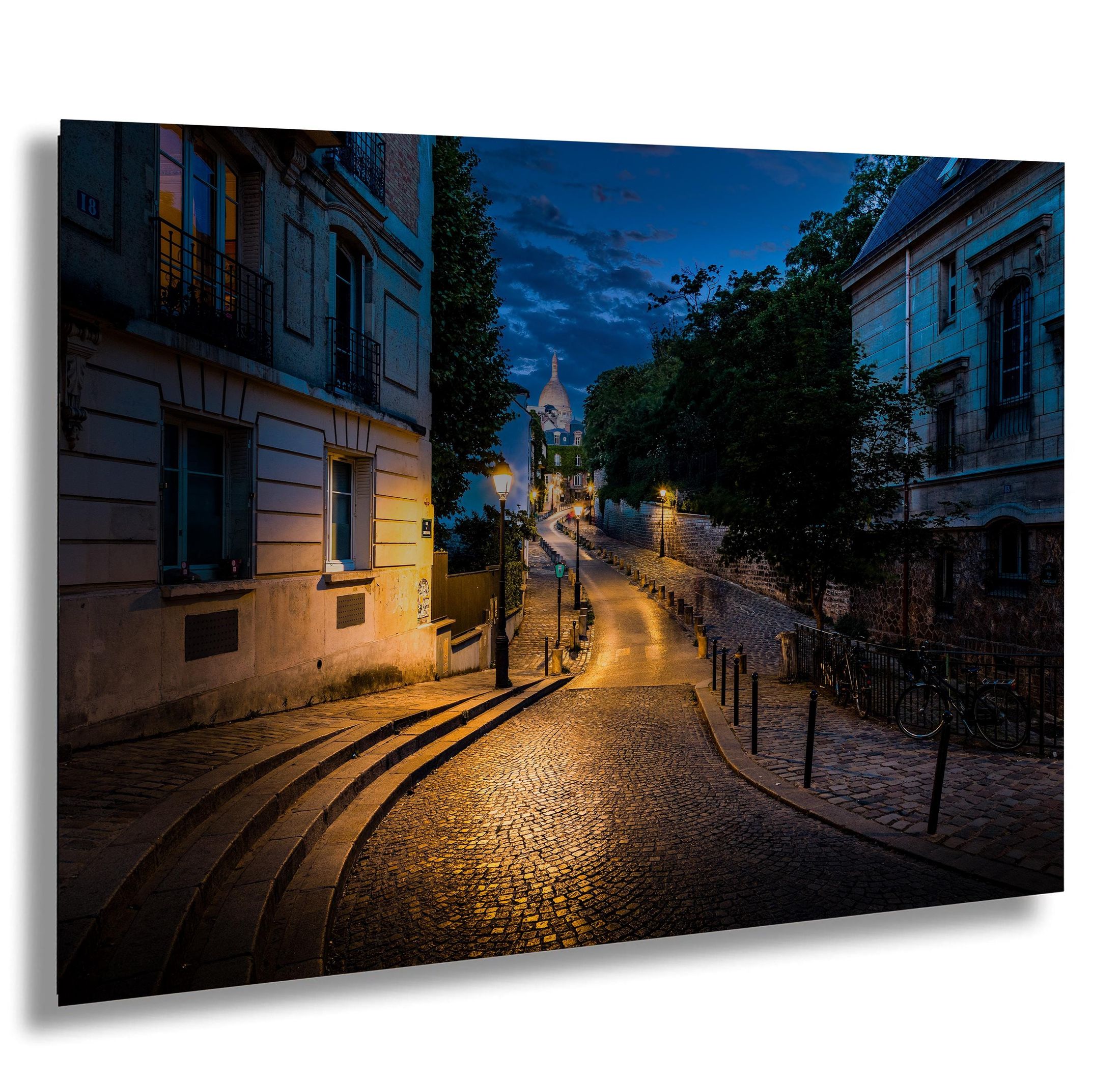 Paris Blue Hour Photography, Eiffel Tower, Pont Neuf, Cobblestone Street Art Print