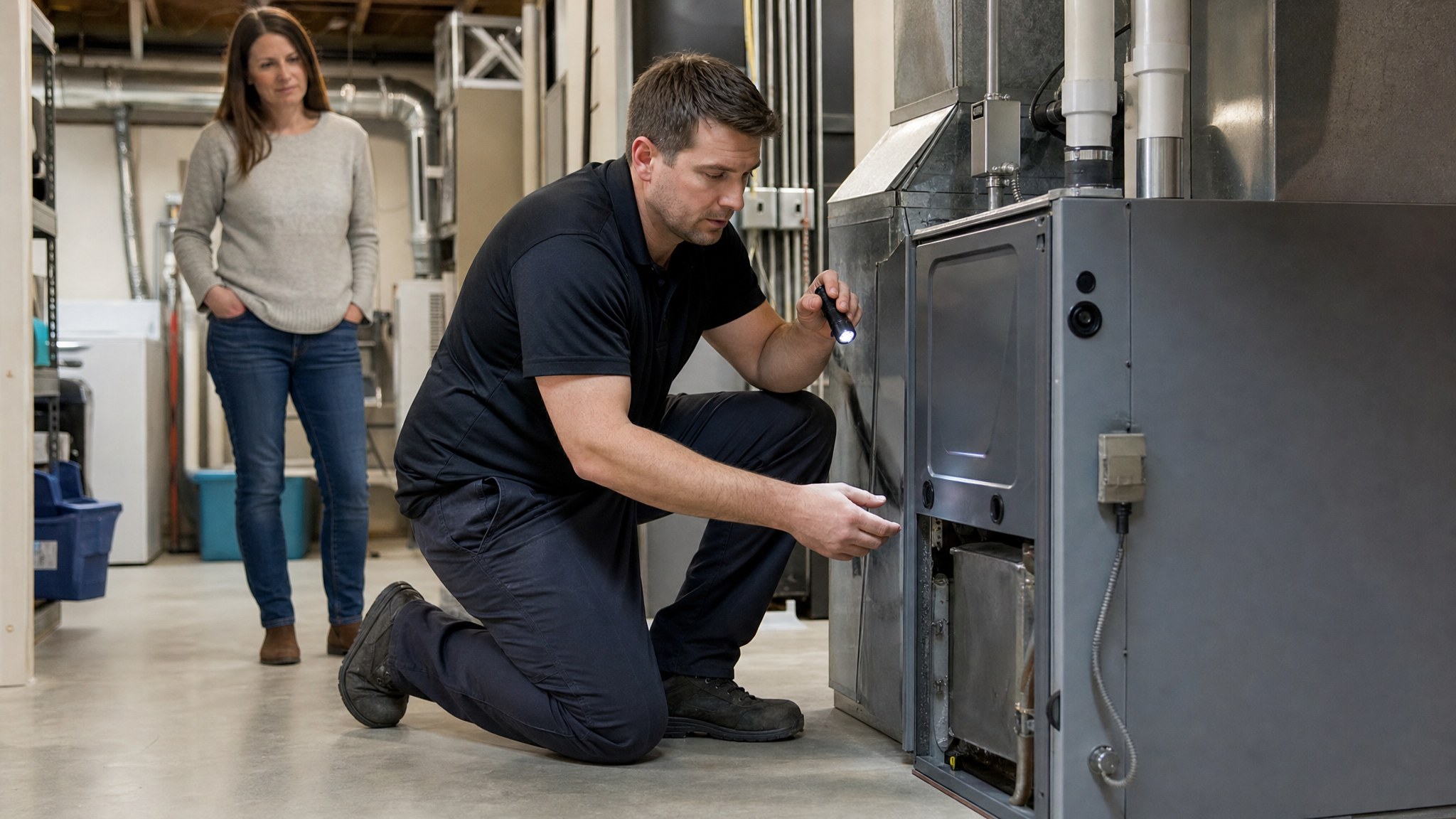 HVAC technician inspecting a residential furnace