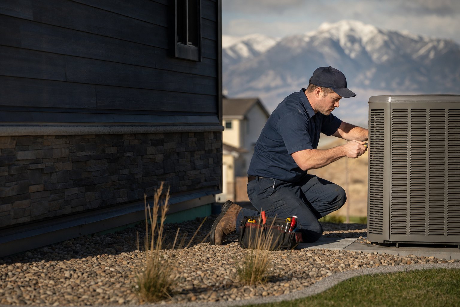 HVAC technician servicing an outdoor air conditioning unit at an Aurora home