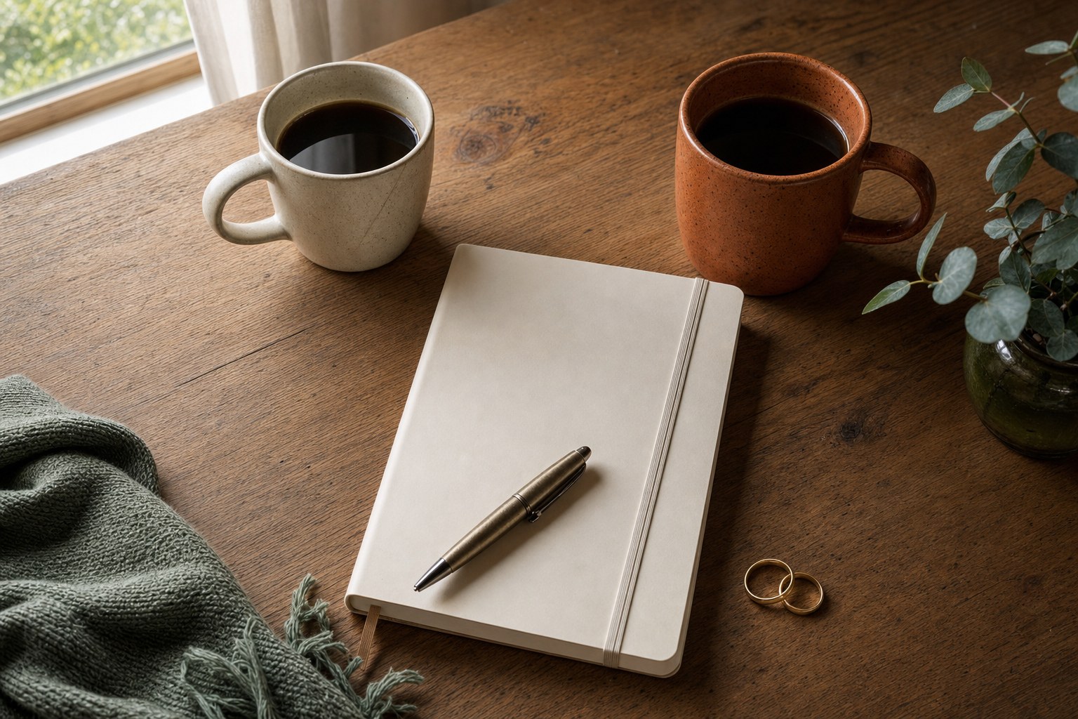 Two mugs, a closed notebook, and wedding bands on a wooden table