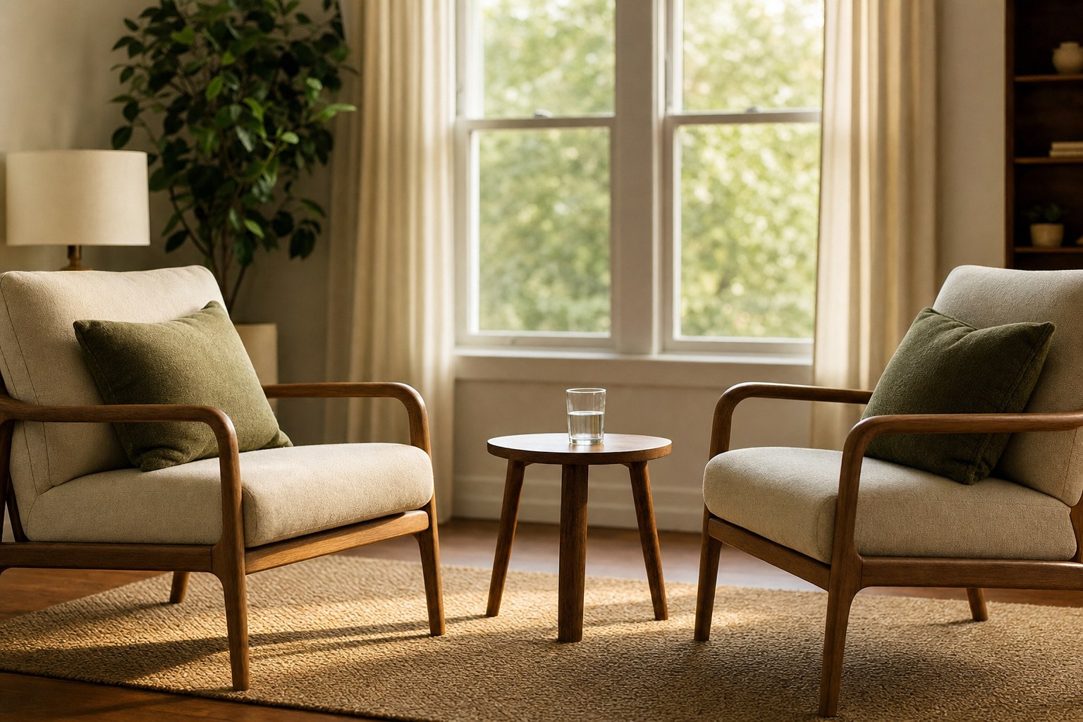 Two chairs facing each other beside a small table and a glass of water