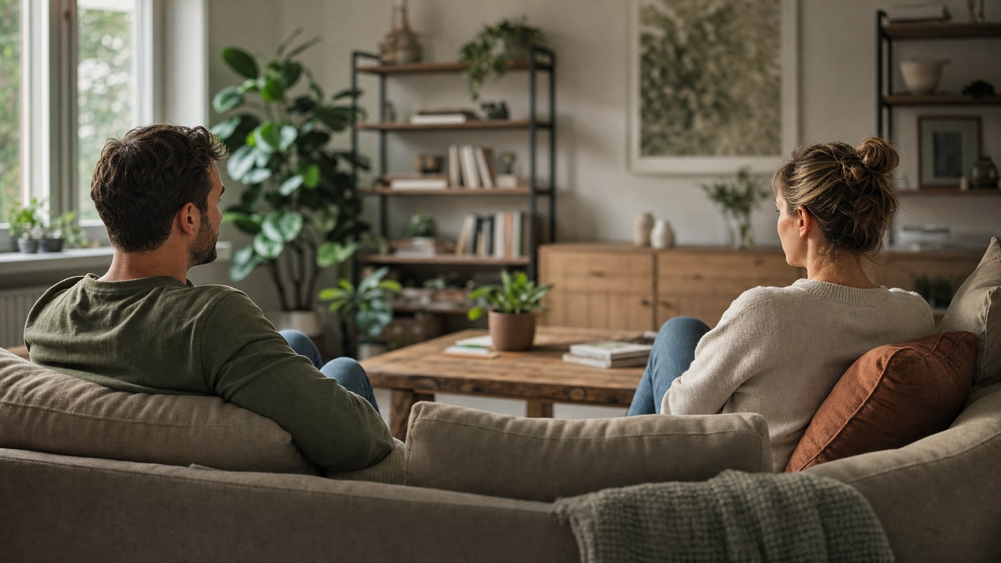 Two partners sitting quietly apart in a warm living room
