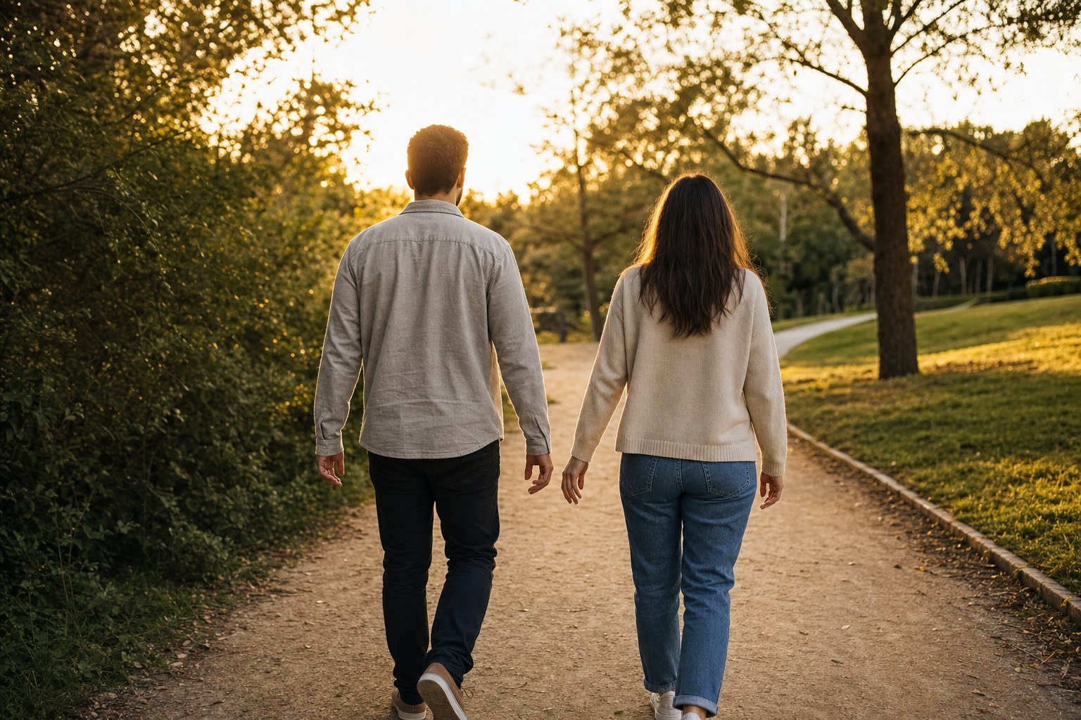 Two partners walking together at sunset on a park path