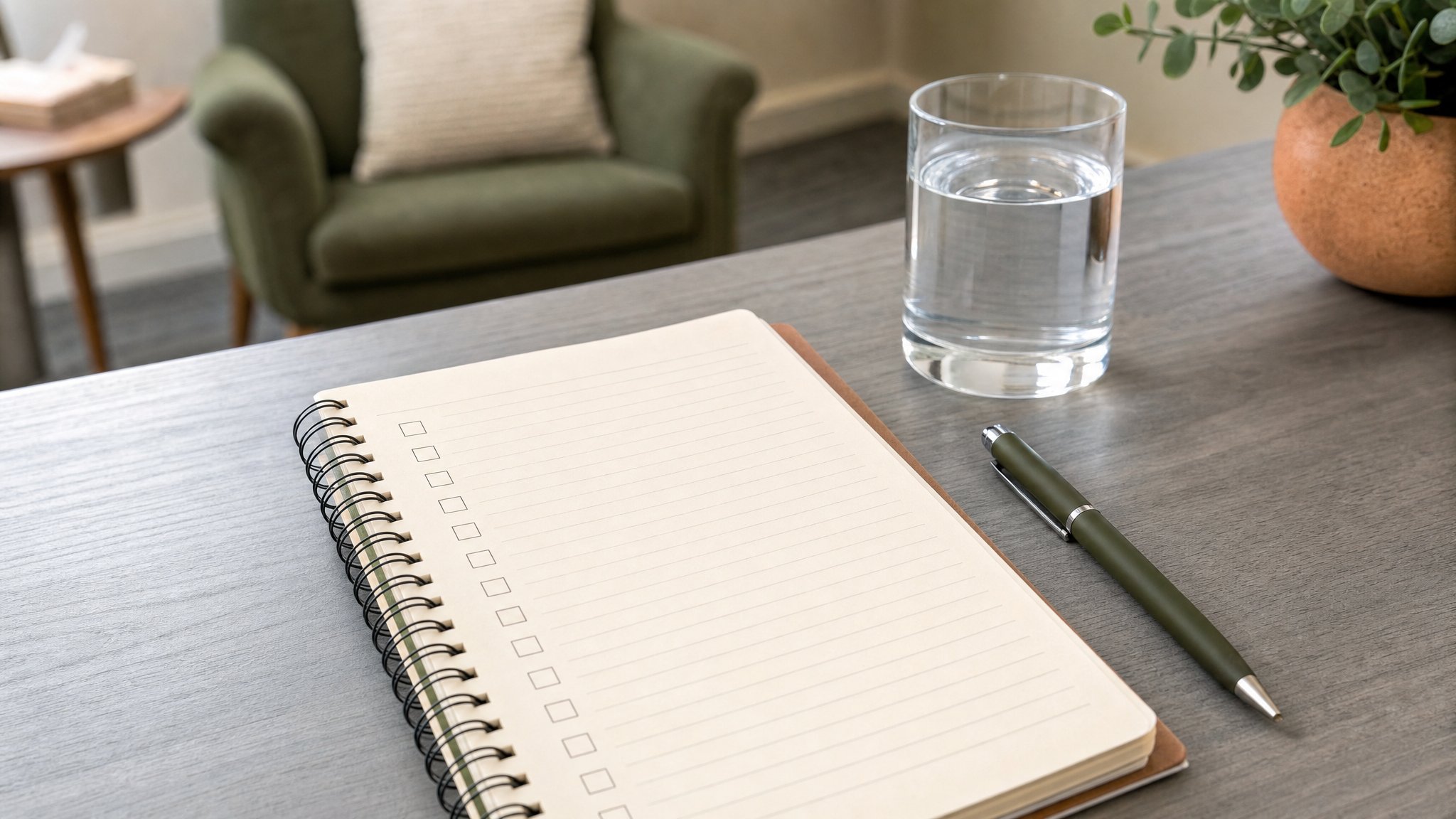 Blank checklist notebook, pen, and glass of water in a quiet room