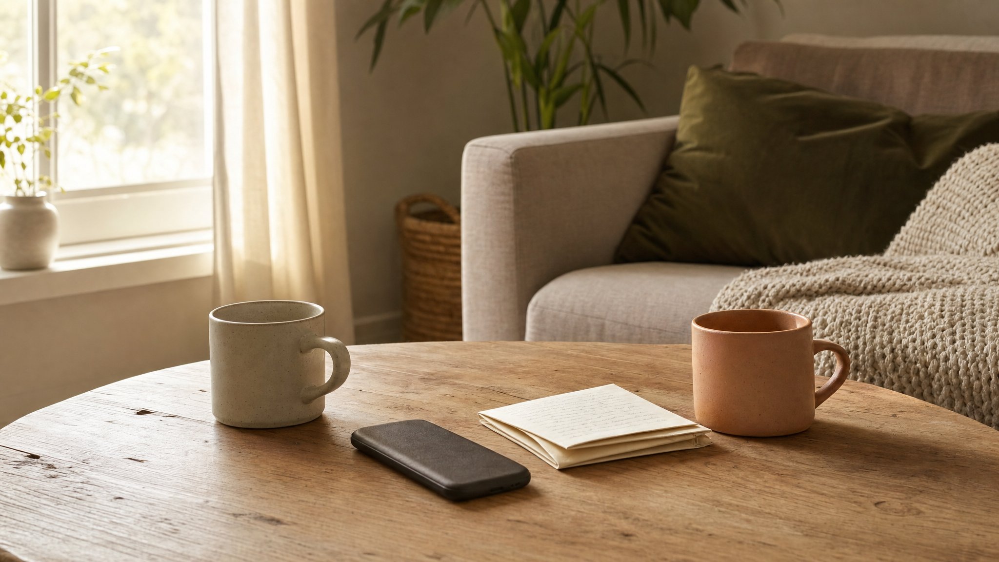 Two mugs, a phone, and a folded note on a wooden table