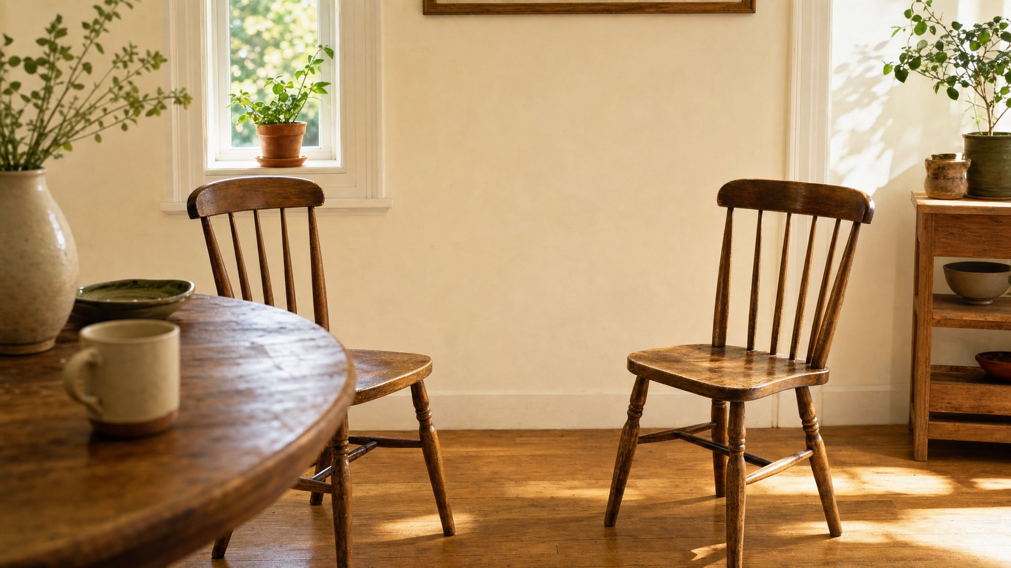 Two chairs pulled apart in a quiet sunlit dining room