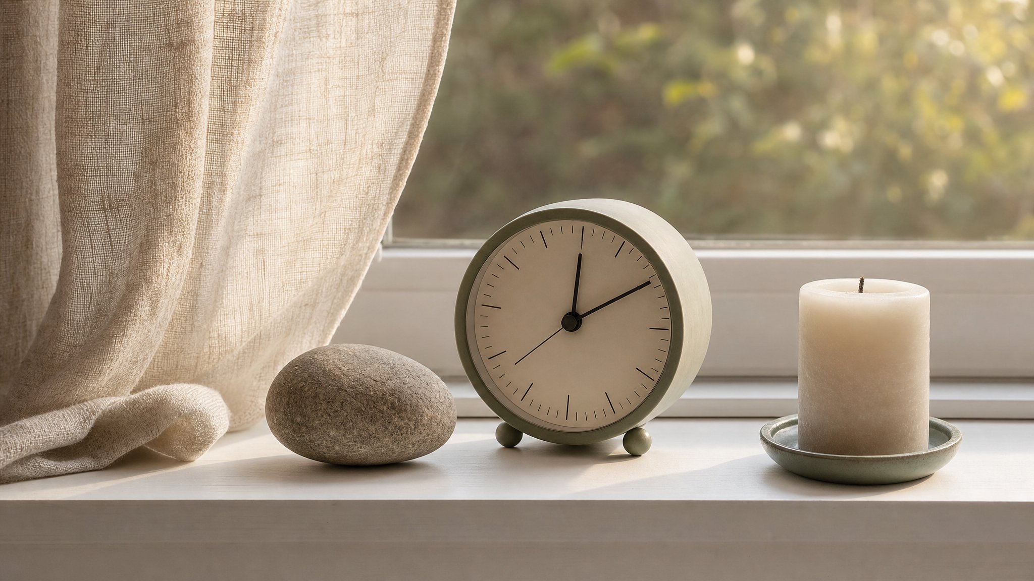 Analog clock, stone, and unlit candle by a softly lit window