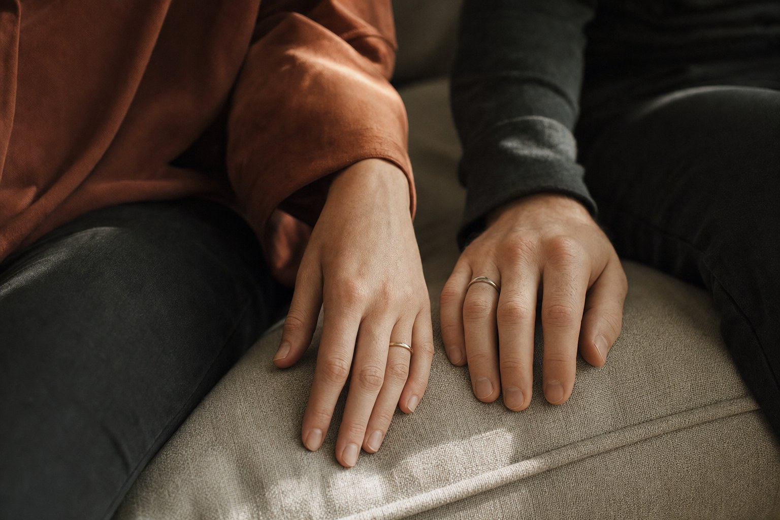 Two hands resting near each other on a sofa