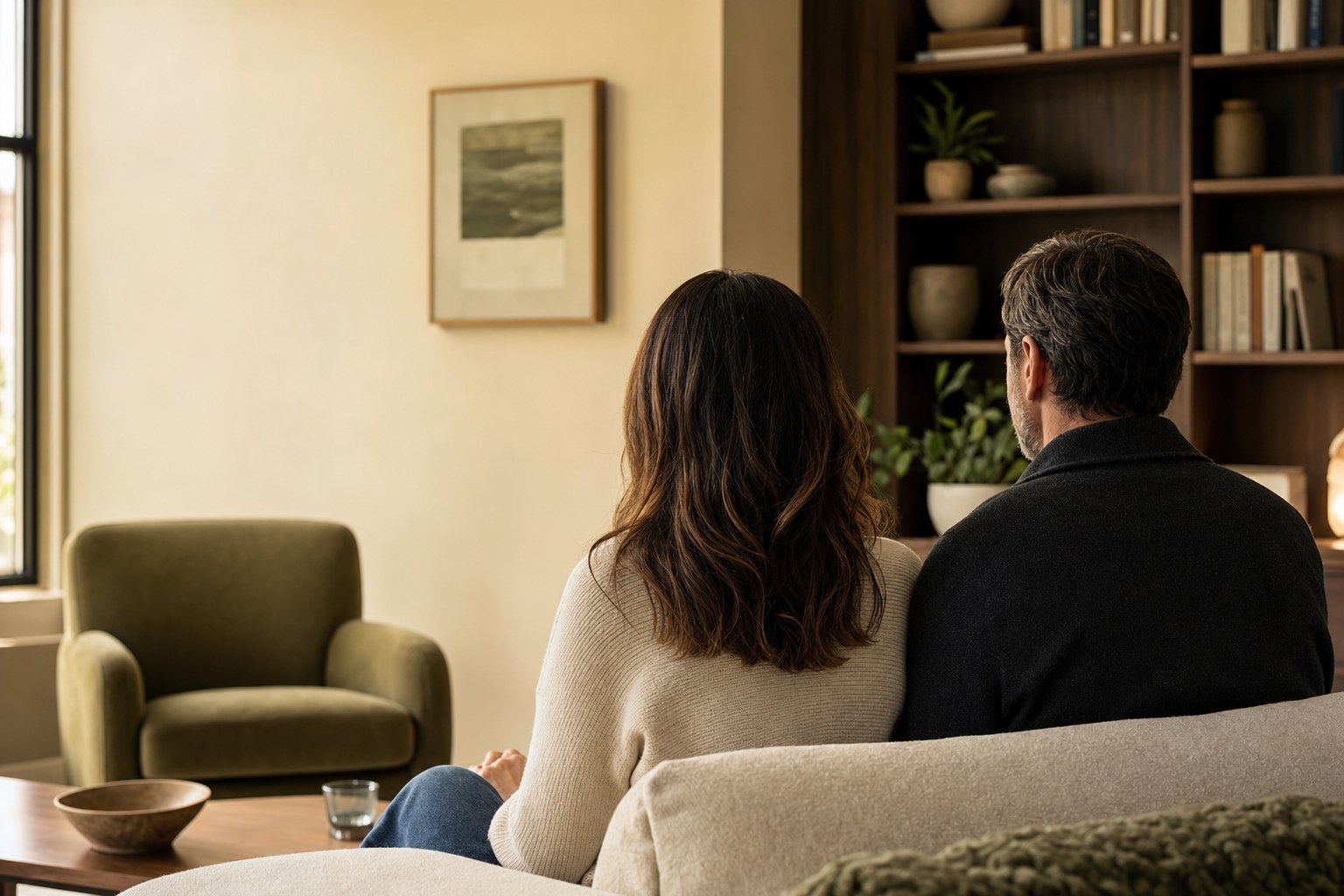Couple sitting quietly together in a warm therapy office