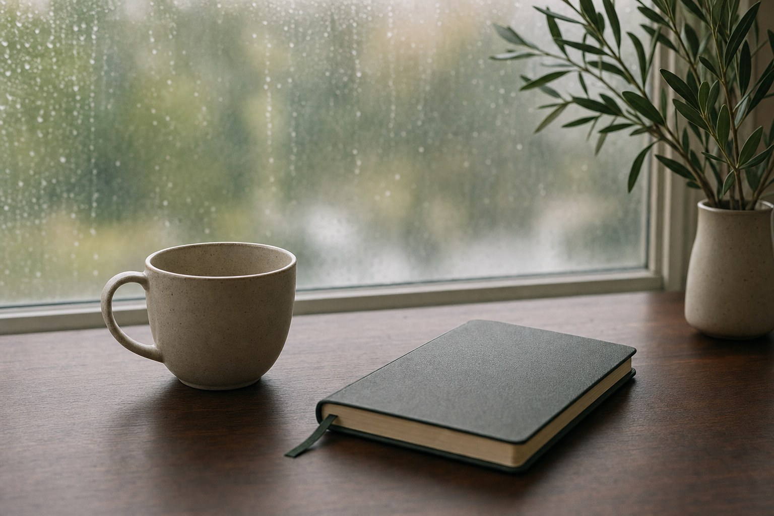 Notebook and cup by a window