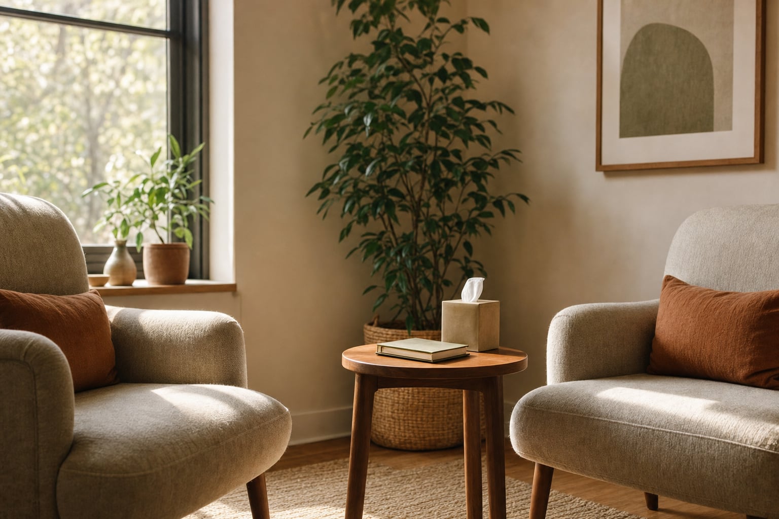Two empty chairs facing one another in a calm, warmly lit counseling space