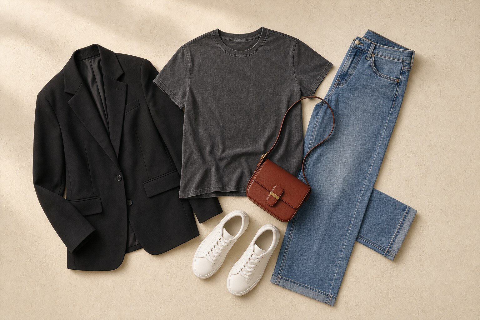 A charcoal T-shirt styled with a black blazer, blue jeans, white sneakers, and a crossbody bag