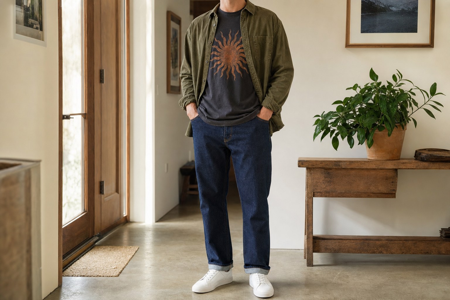 Man wearing a charcoal graphic T-shirt with an olive overshirt, indigo jeans, and white sneakers