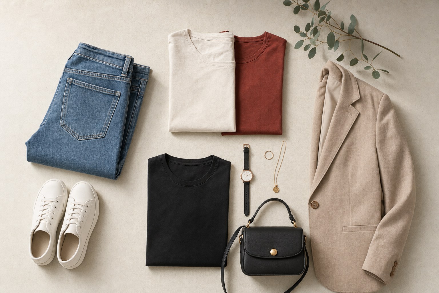 Folded T-shirts, jeans, jacket, sneakers, and accessories arranged for outfit planning