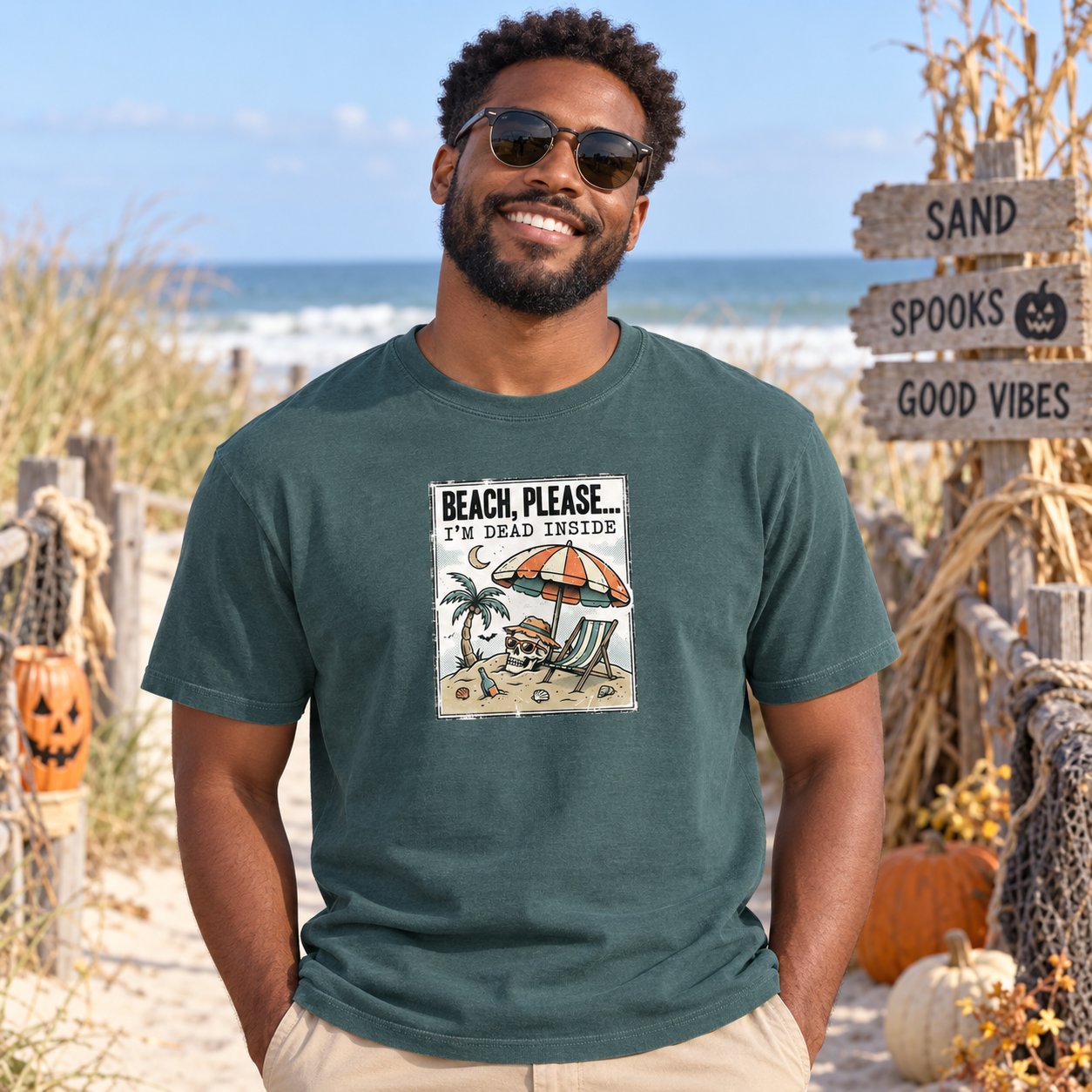 T‑Shirt: "Beach, Please... I'm Dead Inside" Skeleton Beach Graphic Tee