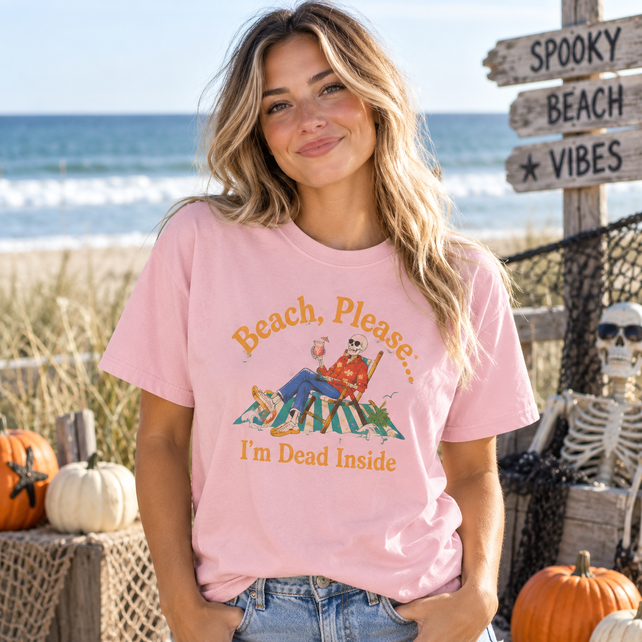 Beach, Please: I’m Dead Inside | Funny Coastal Halloween Skeleton T‑Shirt 🎃🏖️💀