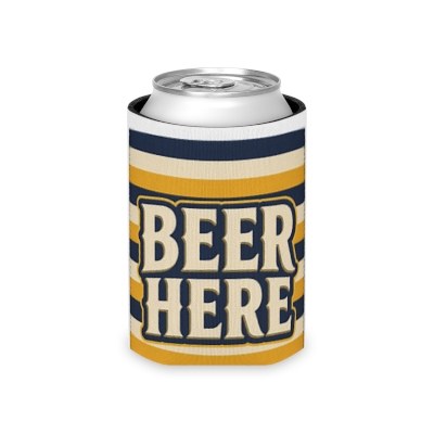 Can Cooler - "Beer Here" Retro Striped Beer Can Koozie