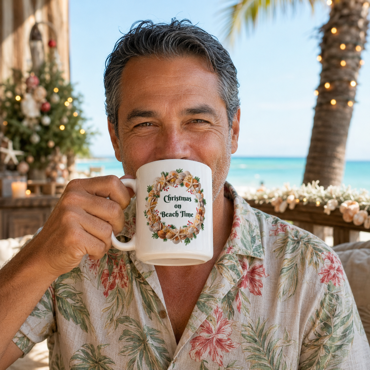 Christmas on Beach Time Mug: 15 oz Holiday Seashell Wreath Coffee Cup