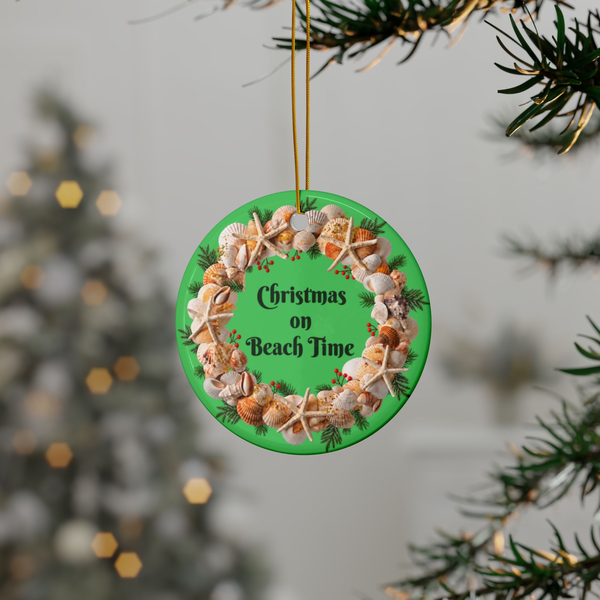 Beach Christmas Ornament: ‘Christmas on Beach Time’ Double-Sided Ceramic Decoration, 1 or 3 Pieces