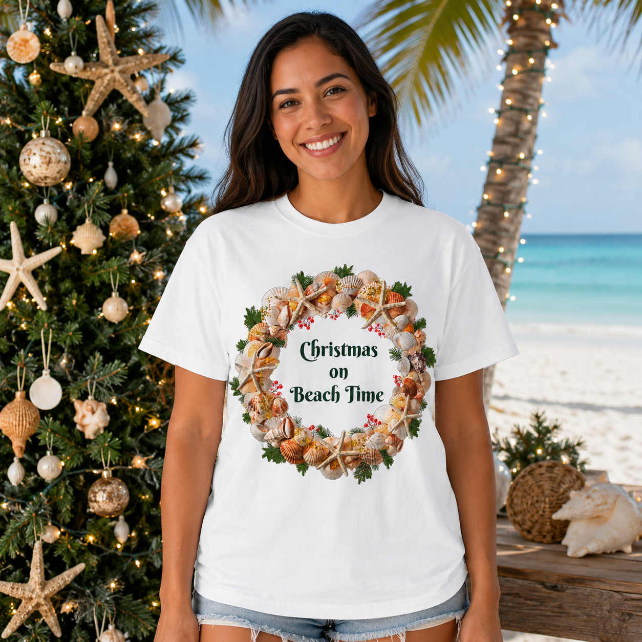 Christmas on Beach Time Coastal Holiday T-Shirt – Seashell Wreath Christmas Tee