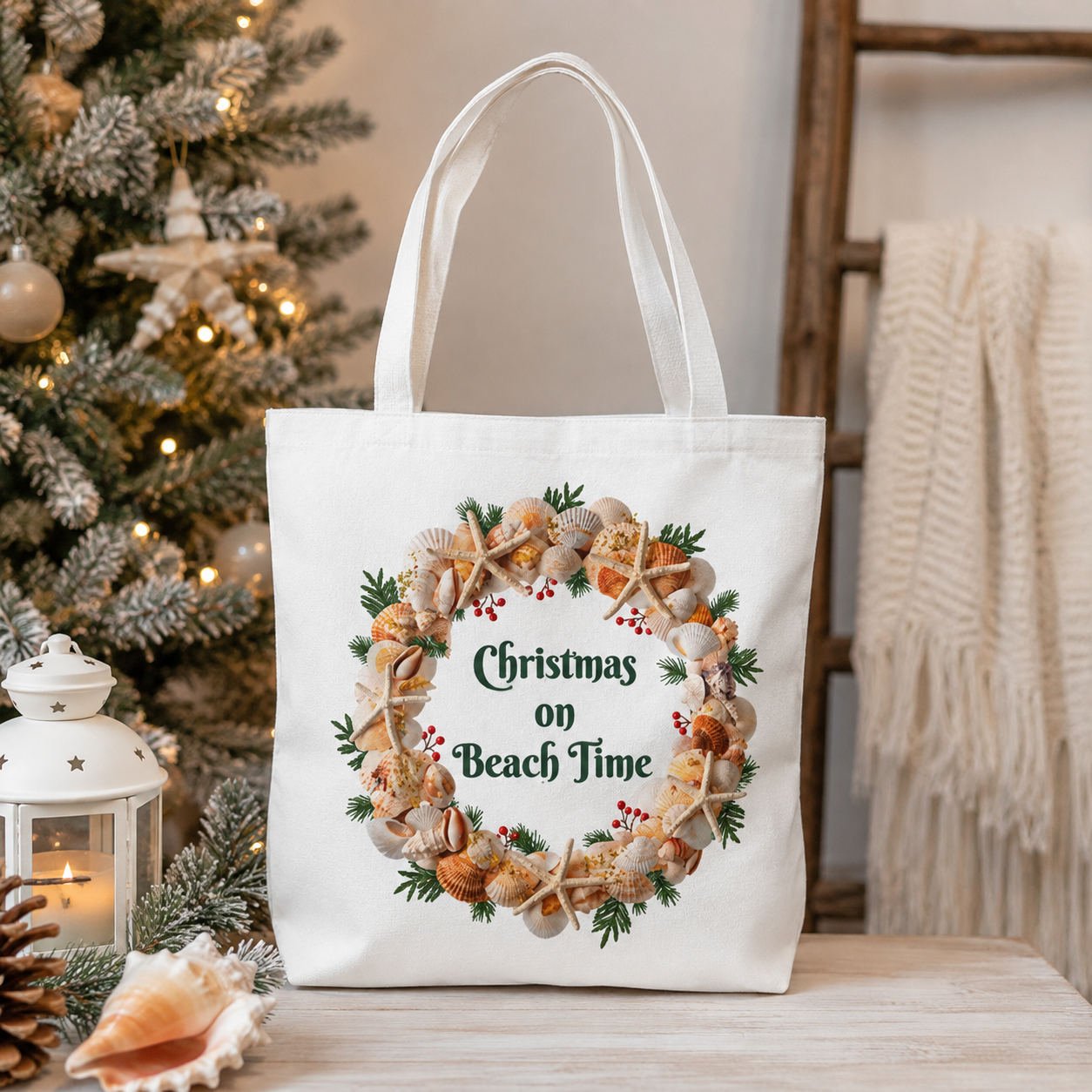 Christmas on Beach Time Tote Bag: Holiday Seashell Wreath Beach Christmas Tote, 3 Sizes