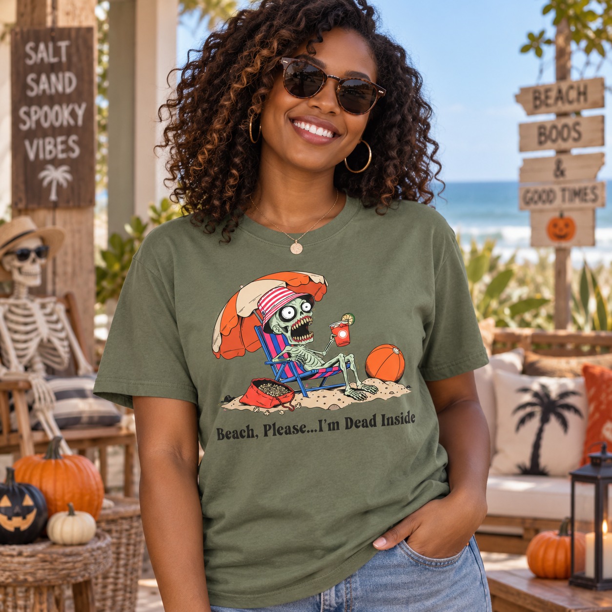 Beach, Please: I’m Dead Inside | Funny Coastal Halloween Skeleton T‑Shirt 🎃🏖️💀