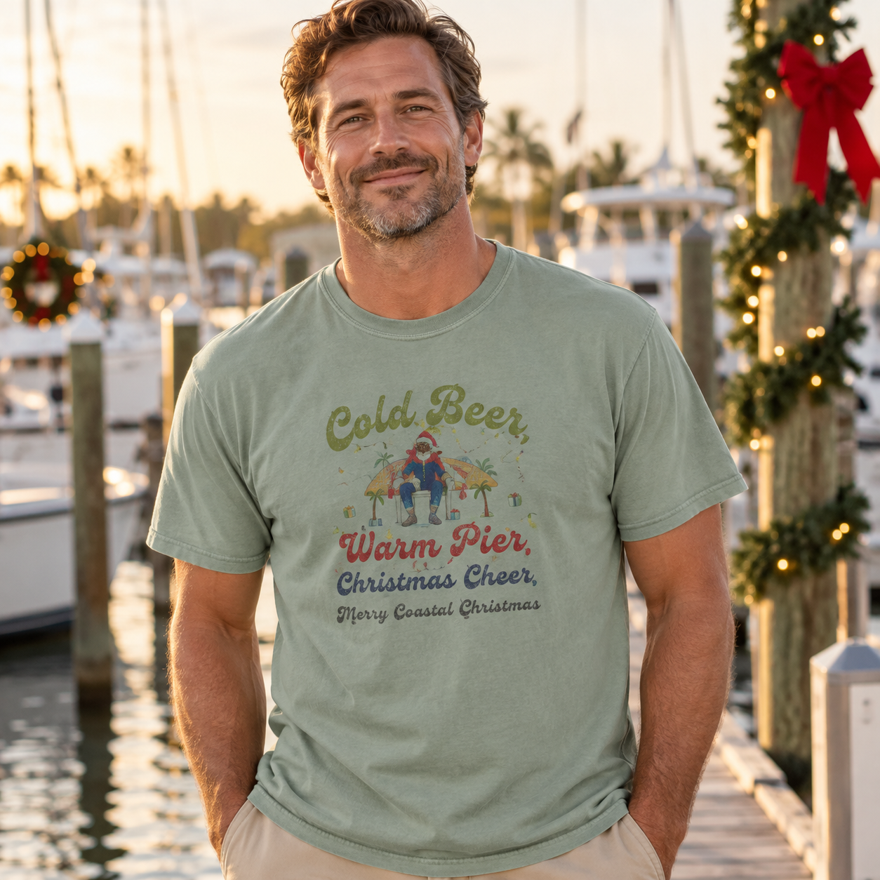 Christmas Beer T-Shirt: "Cold Beer, Warm Pier, Christmas Cheer" Holiday Tee