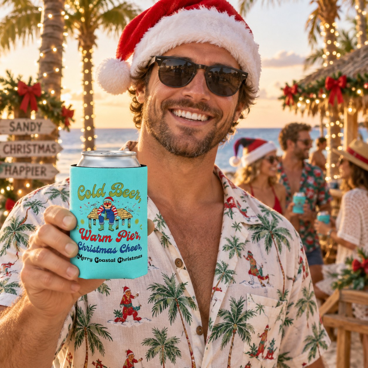 Can Cooler: "Cold Beer, Warm Pier, Christmas Cheer" Coastal Christmas Koozie