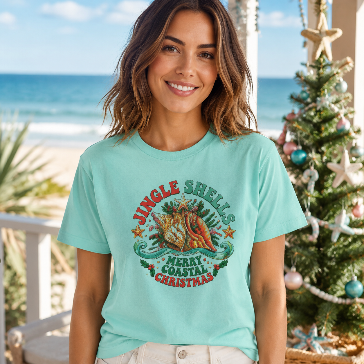 Jingle Shells Coastal Christmas T-Shirt, Merry Coastal Holiday Tee