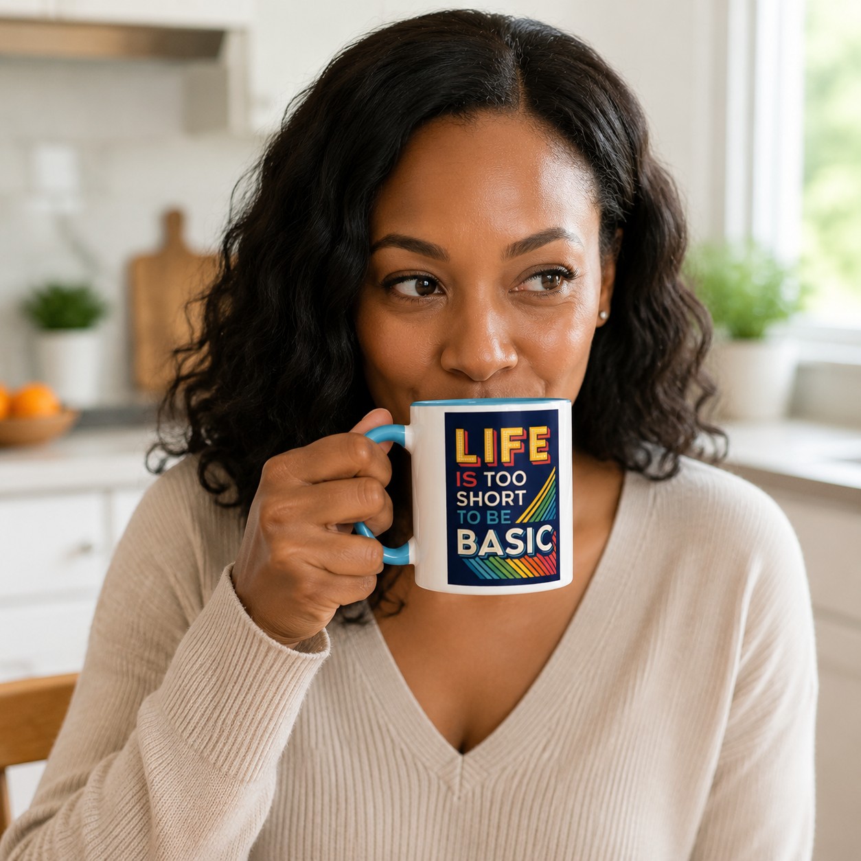 Coffee Mug, “Life Is Too Short To Be Basic” Retro Accent Mug