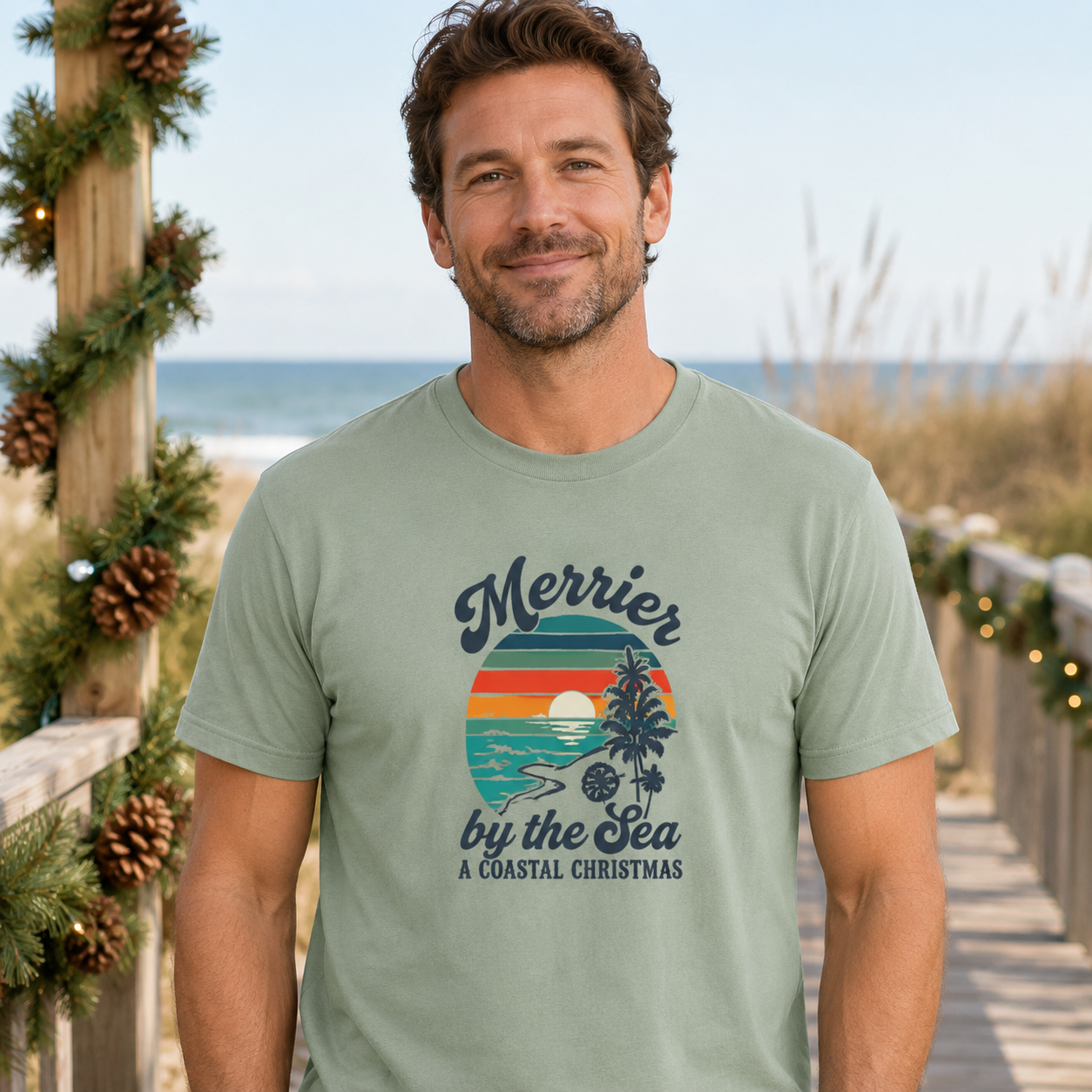 Coastal Christmas T-Shirt, Merrier by the Sea Holiday Tee