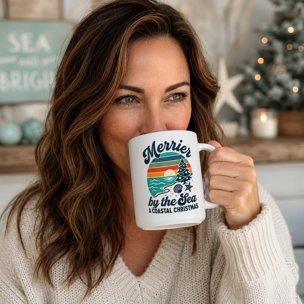 Merrier by the Sea: A Coastal Christmas 15 oz Ceramic Coffee Mug