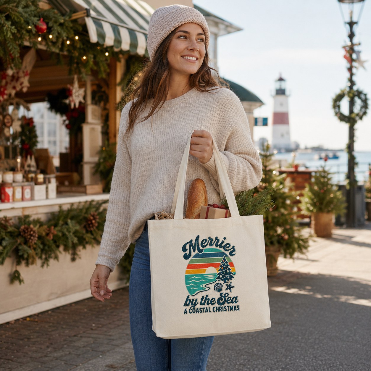 Merrier by the Sea: A Coastal Christmas Canvas Tote, 15 × 16 in