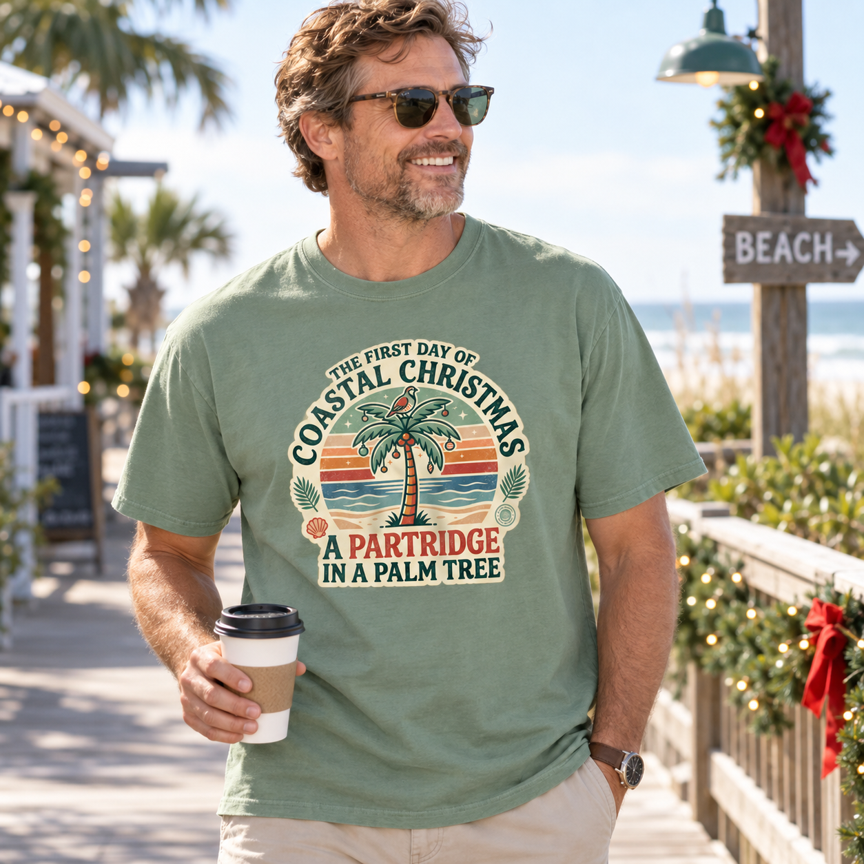 A Partridge in a Palm Tree Coastal Christmas T-Shirt