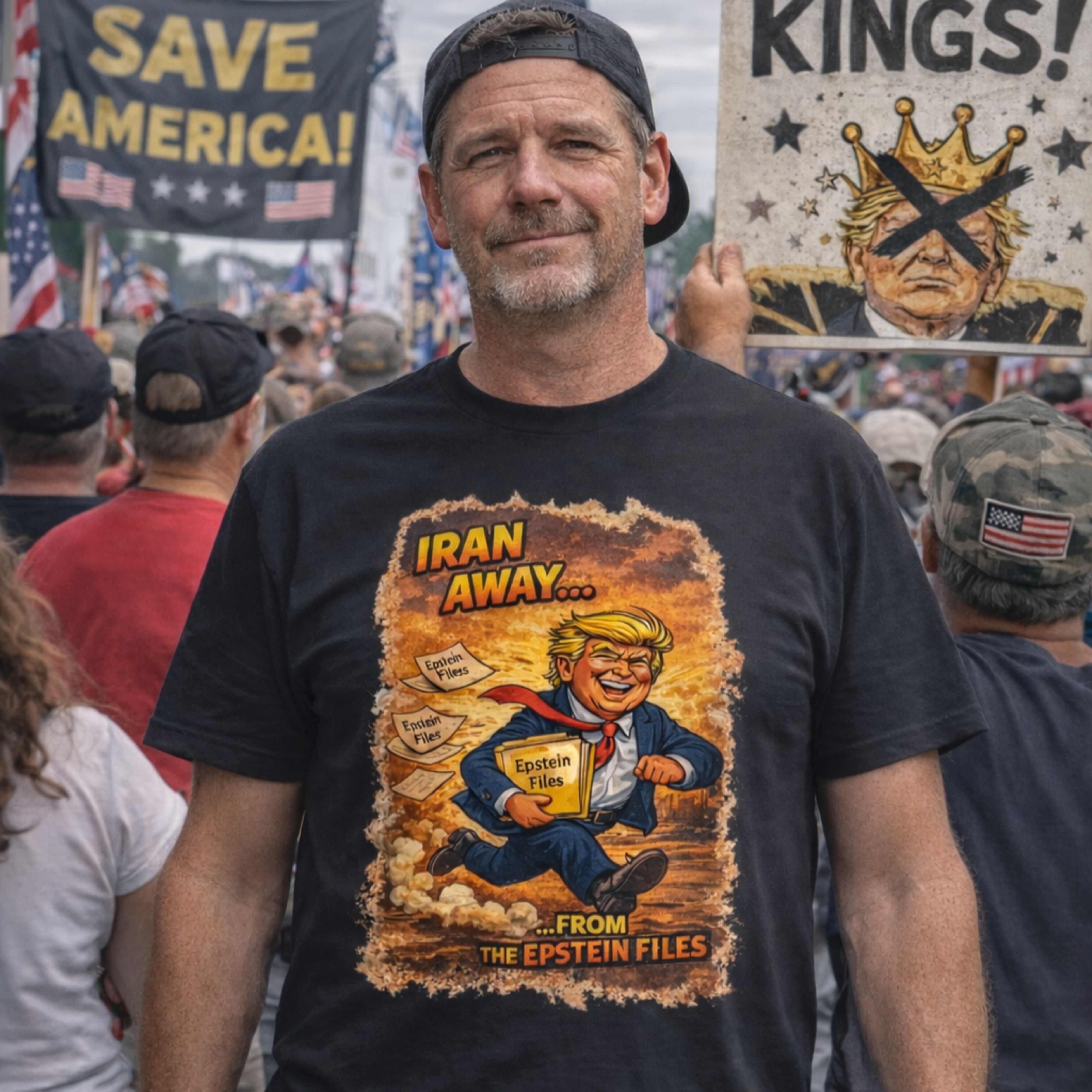 Political Satire Tee , "Iran Away" Cartoon (From The Epstein Files)