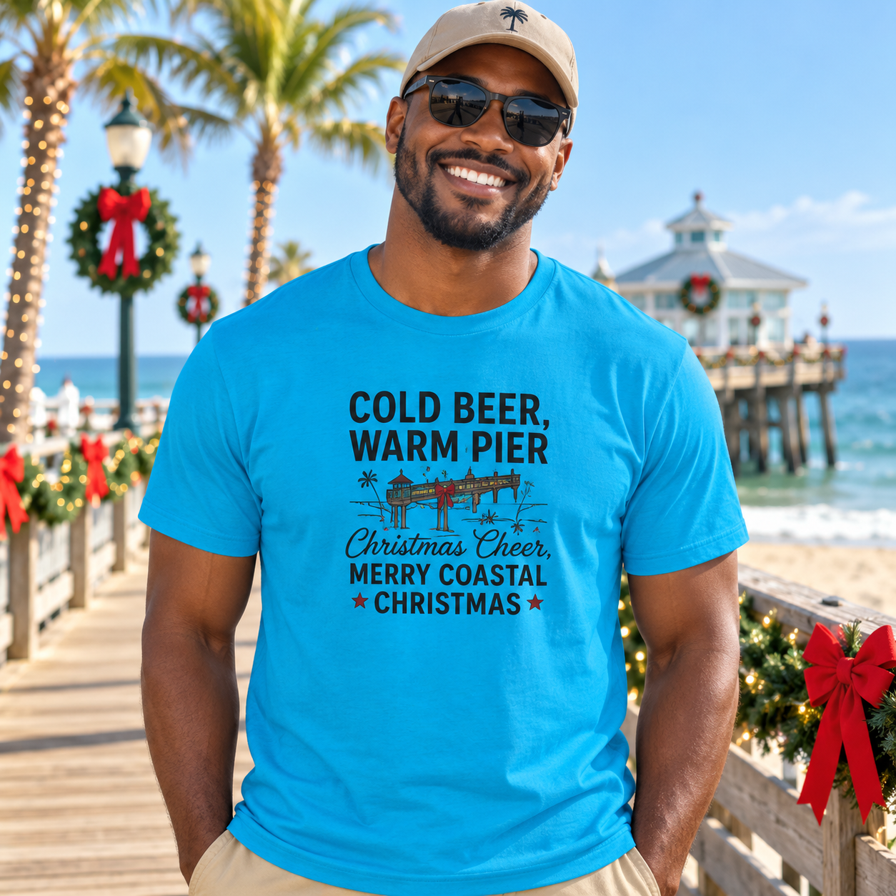 Christmas Coastal T‑Shirt — "Cold Beer, Warm Pier" Holiday Beach Tee
