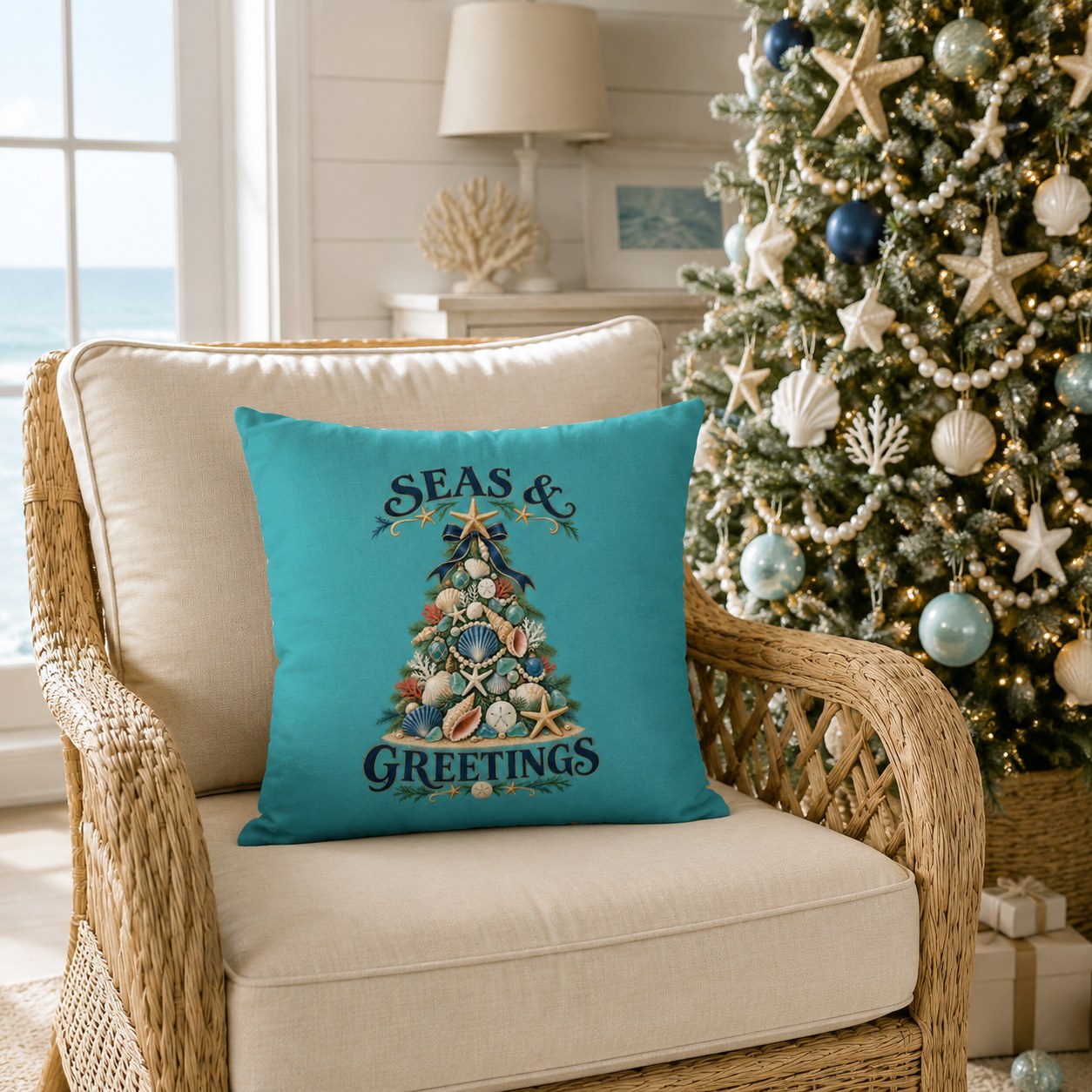 Seas & Greetings 14 x 14 Coastal Holiday Pillow