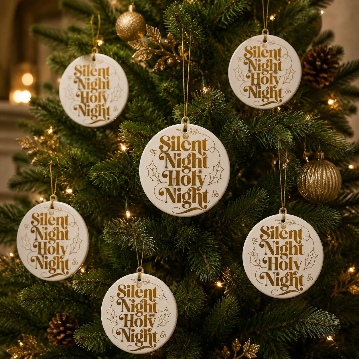 Silent Night Holy Night Ceramic Ornament: Round Two-Sided Christmas Decoration