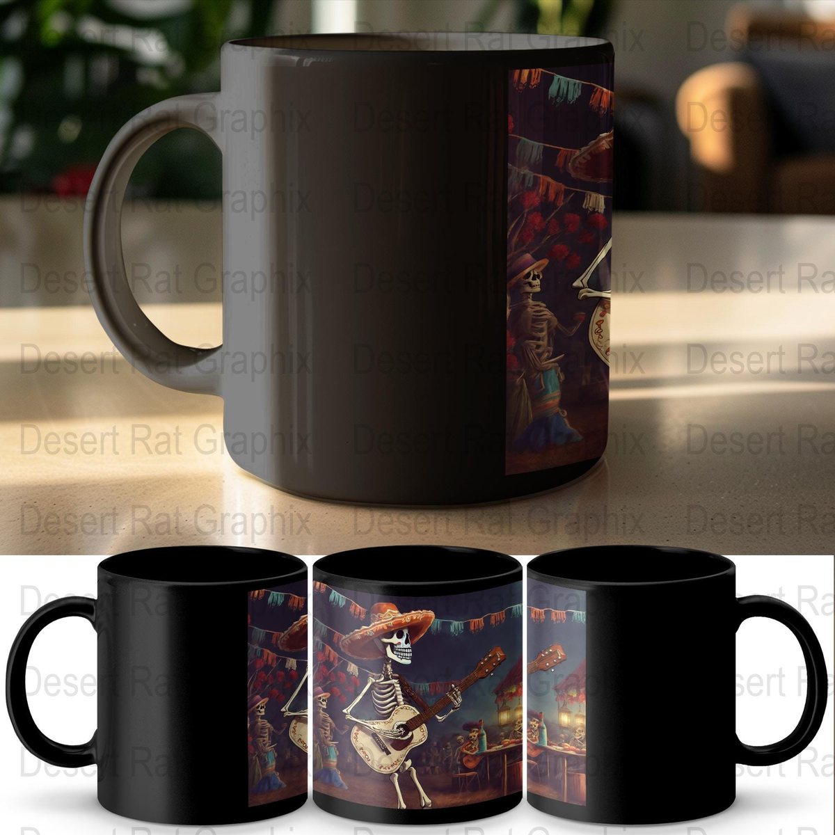 Day of the Dead Mug, Mariachi Skeleton Guitarist Art