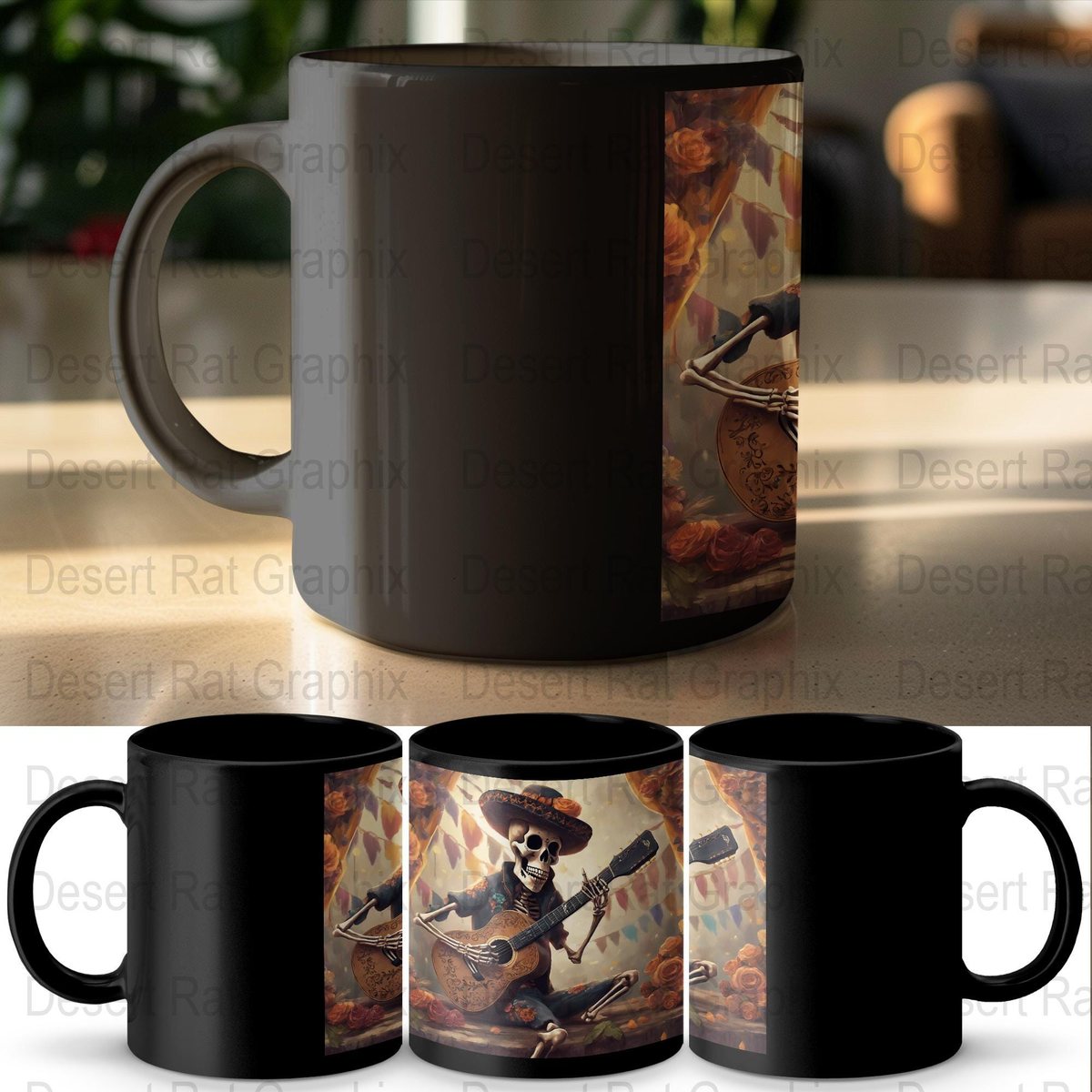 Day of the Dead Mug, Skeleton Guitarist, Calavera, Sugar Skull