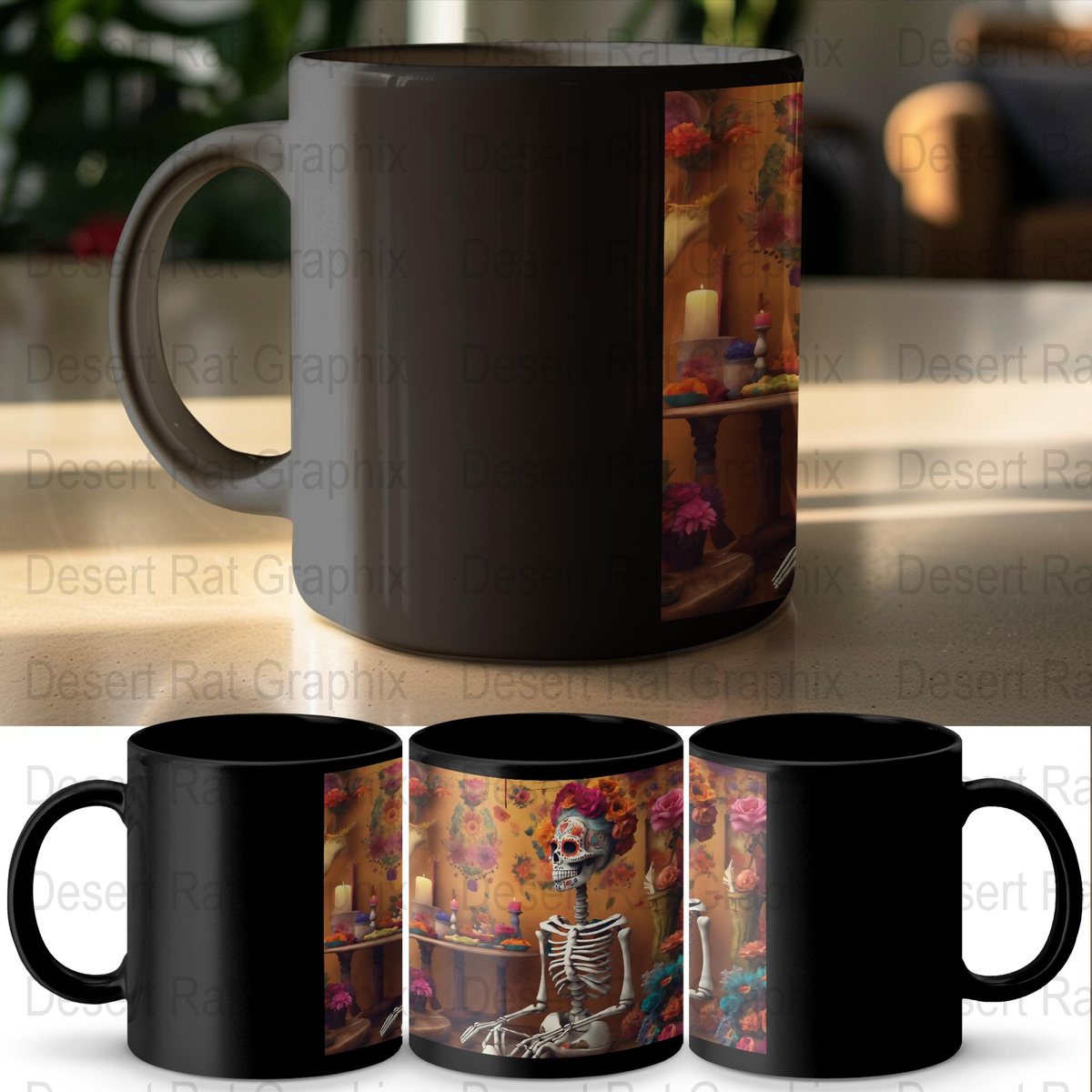 Day of the Dead Mug, Floral Sugar Skull, Gothic Decor