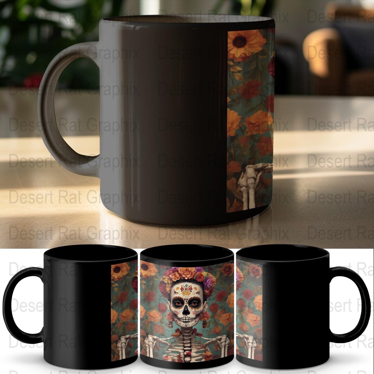 Day of the Dead Mug, Calavera Sugar Skull, Floral Mexican Art