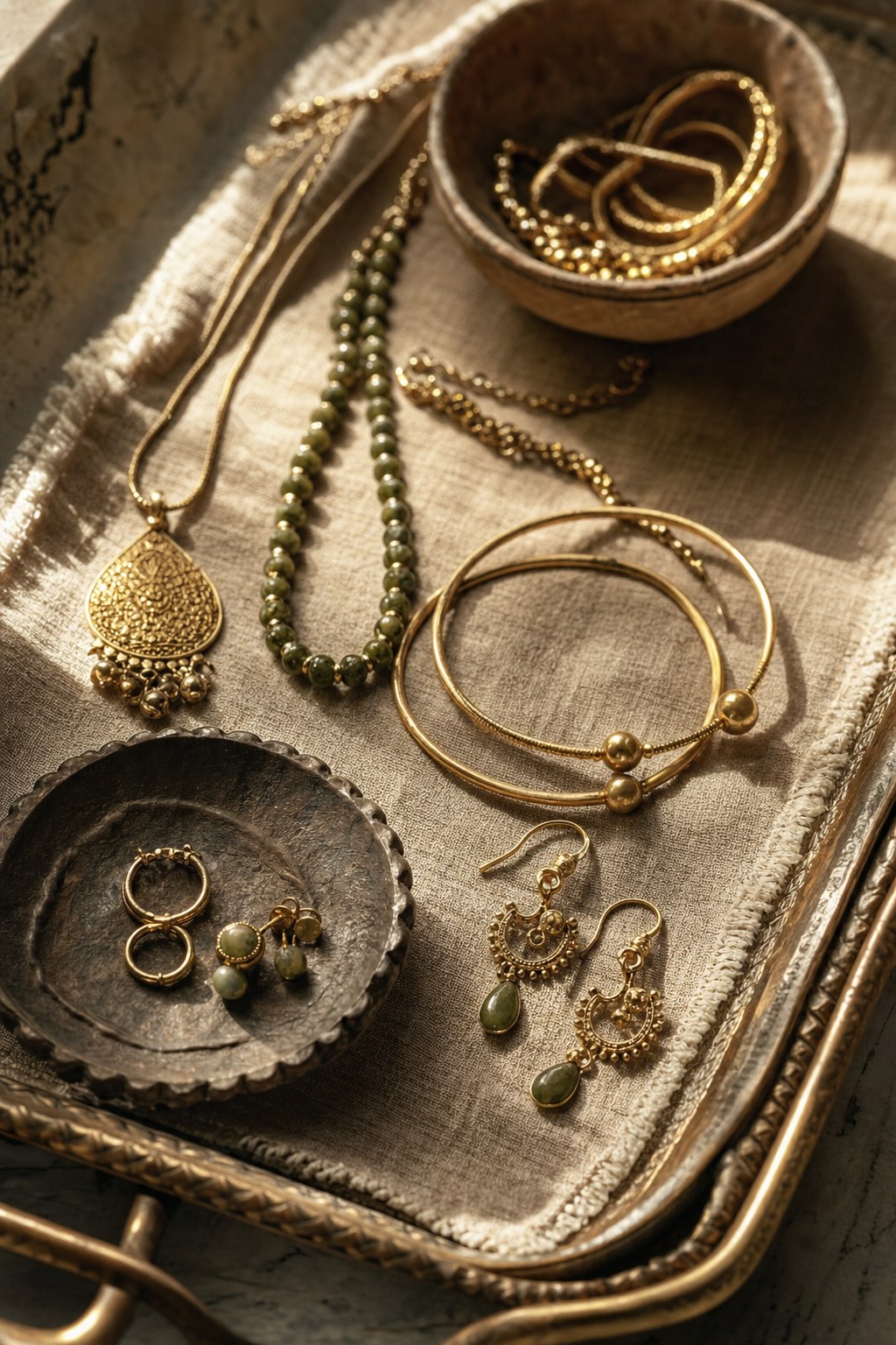 Handmade jewelry displayed on a warm textured surface