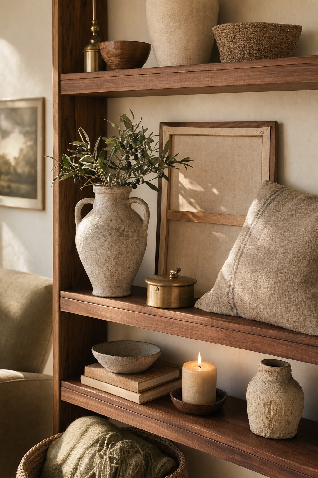 Collected home décor in a warm, neutral setting