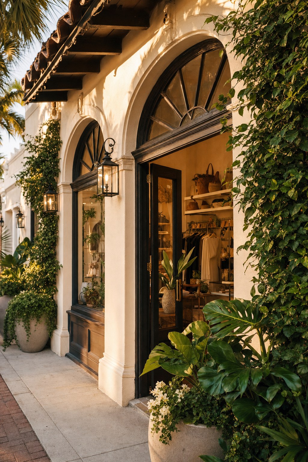 Warm independent boutique storefront on a walkable main street