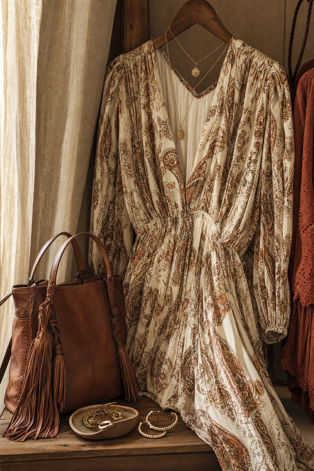 Patterned clothing and accessories in a boutique display
