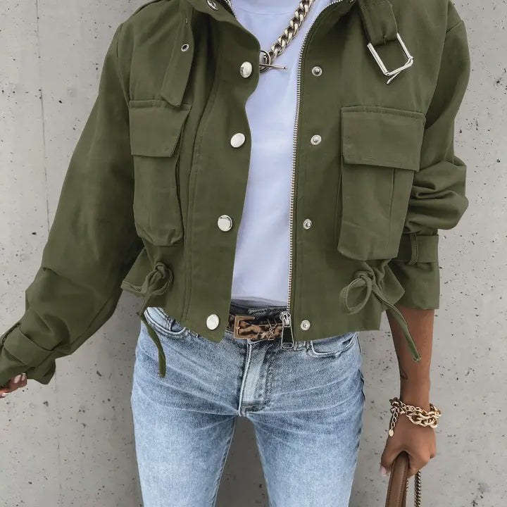 Button-Up Drawstring Jacket olive
